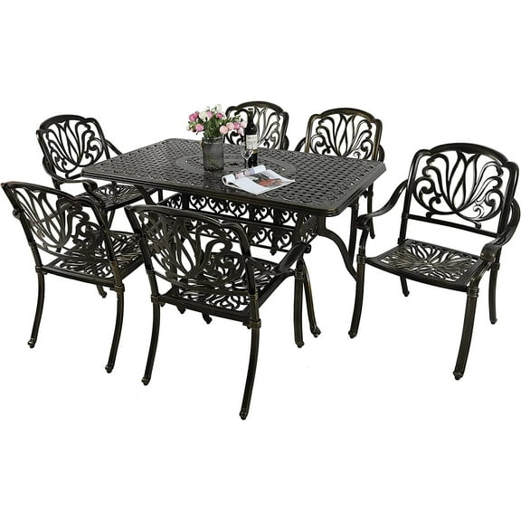 SOCIALCOMFY 7-Piece Outdoor Patio Dining Set, All-Weather Cast Aluminum Furniture Conversation Set, Include 6 Chairs and a Rectangle Table with Umbrella Hole for Balcony Lawn Garden Backyard