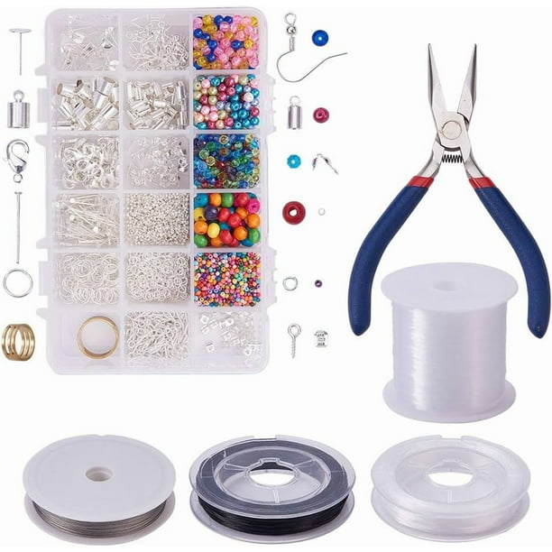 Kit de inicio para hacer joyas: cuentas surtidas, aros de alambre para colgantes, juego de alicates, herramienta de corte y accesorios para joyería.