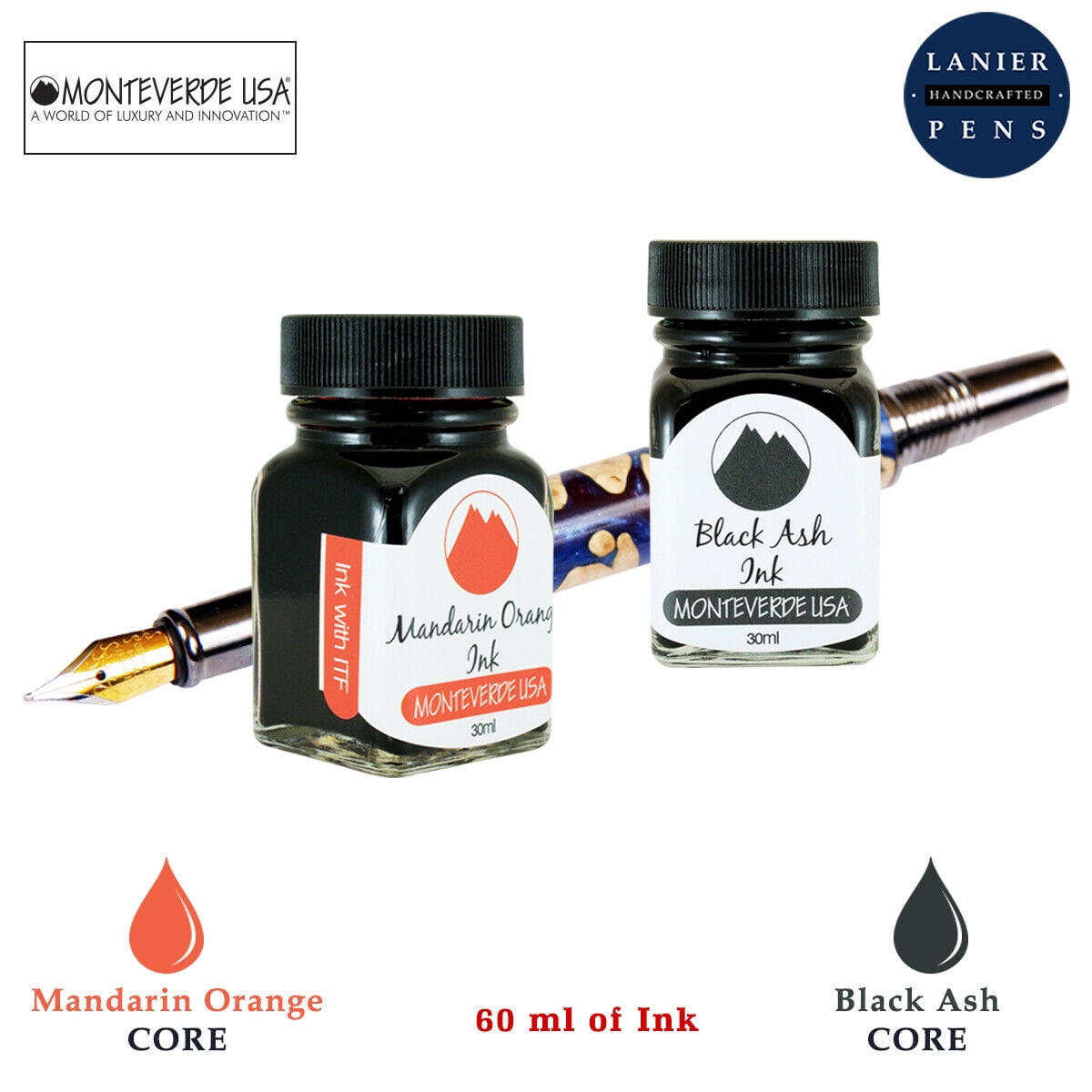 Monteverde 60ml Core Fountain Pen Ink Bottle (30ml Mandarin Orange Ink Bottle G309MO, 30ml Black Ash Ink Bottle G309BA)