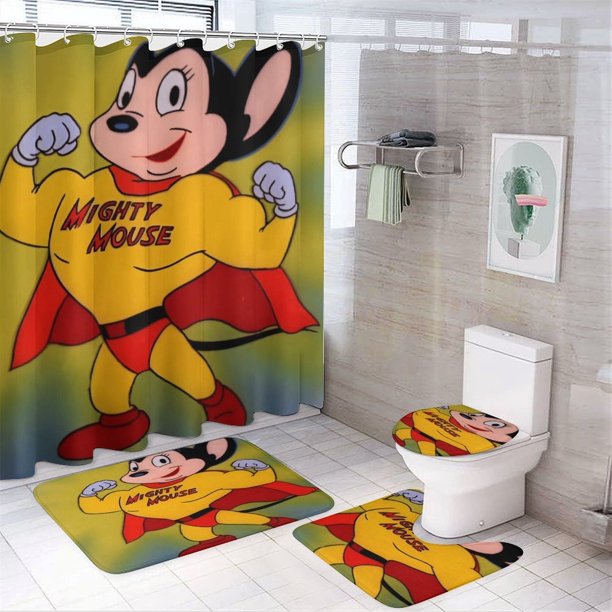 Mighty Mouse Las nuevas aventuras-theme 4-Piece Shower Curtain Set with Rugs, Waterproof Bathroom Decor Set Includes Bath Mat, U-Shaped Rug, Toilet Lid Cover and Curtain with Hooks