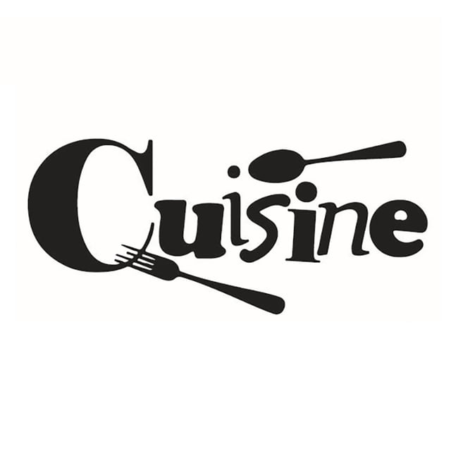 Kitchen Wall Sticker Removable Waterproof Cuisine Letter Wall Decal, a black PVC plastic design featuring the word 'Cuisine' with fork and spoon accents. Removable wall art ideal for kitchen, dining room, or restaurant decor. Dimensions: 40x17cm (15.75x6.69in).