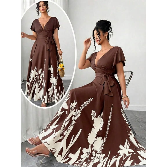 Brown Womens V-Neck Short Sleeve Waist Tie Maxi Dress With White Floral Print