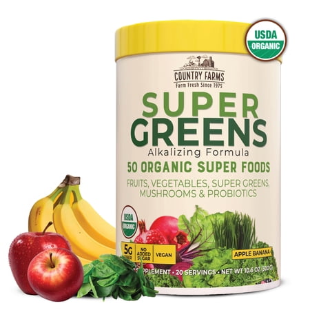 Country Farms Super Greens Apple Banana Flavor, 50 Organic Super Foods, 20 servings