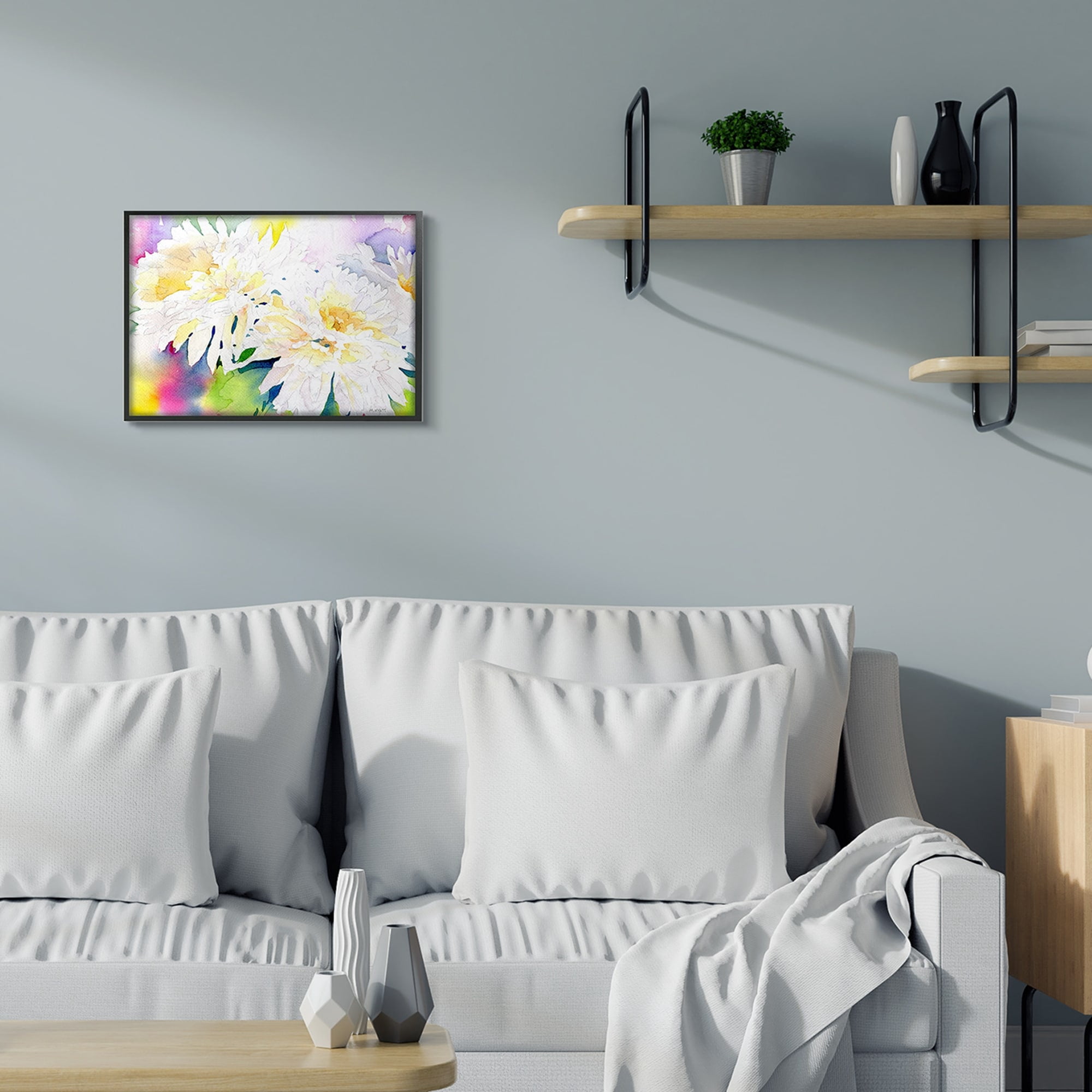 Stupell Industries White Mum Florals over Rainbow Watercolor Grey Framed, 16 x 20, Design by Melissa Hyatt LLC