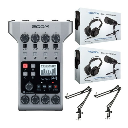 UPC: 0040962930335 | Zoom PodTrak P4 Recorder with Scissor Arms and Podcast Microphone Pack Accessory Bundle