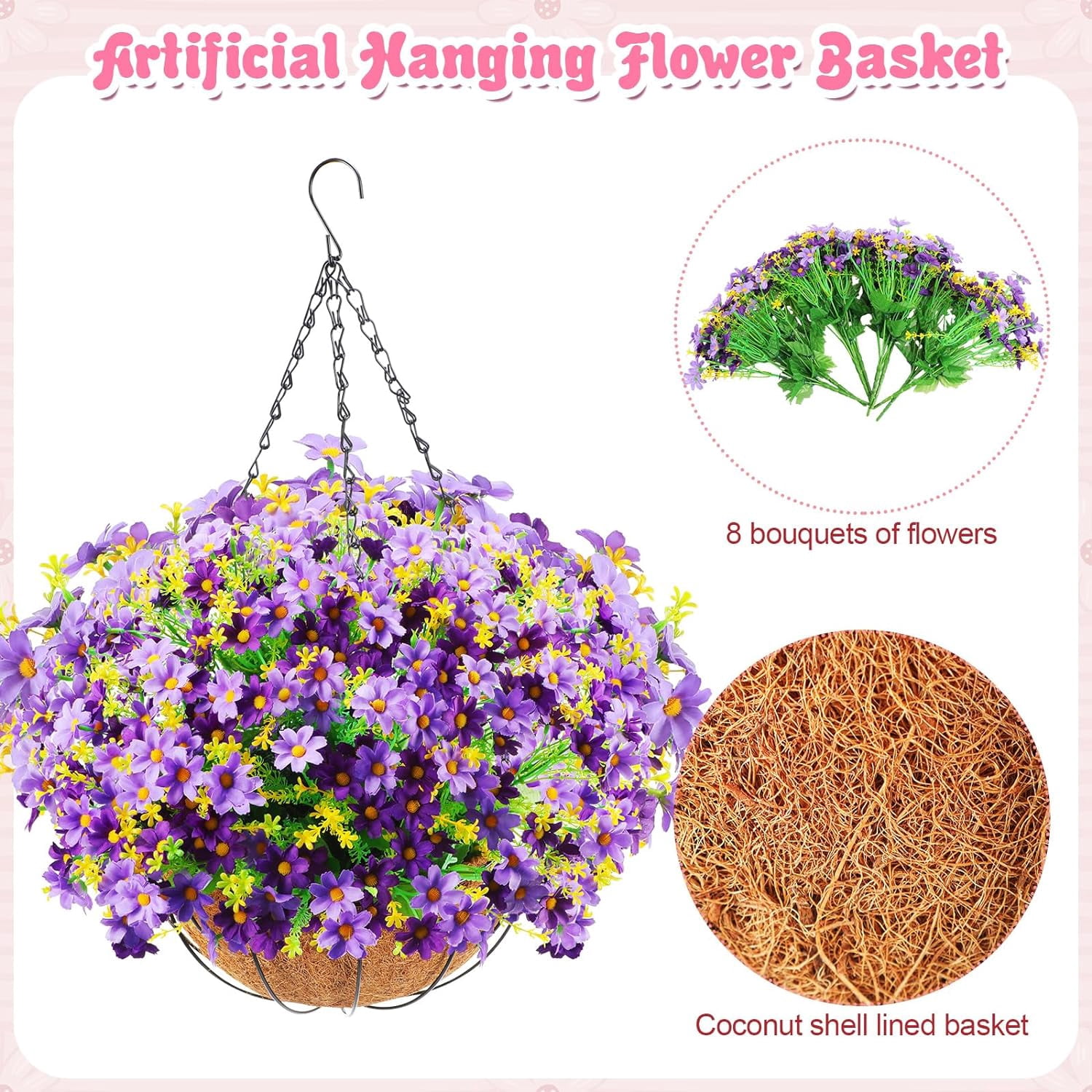 4 Pack Artificial Hanging Flowers in Basket Artificial Daisy Arrangement with 12 Inch Coconut Lining Realistic Artificial Hanging Plants for Outdoor Indoor Patio Lawn Garden Porch Decor