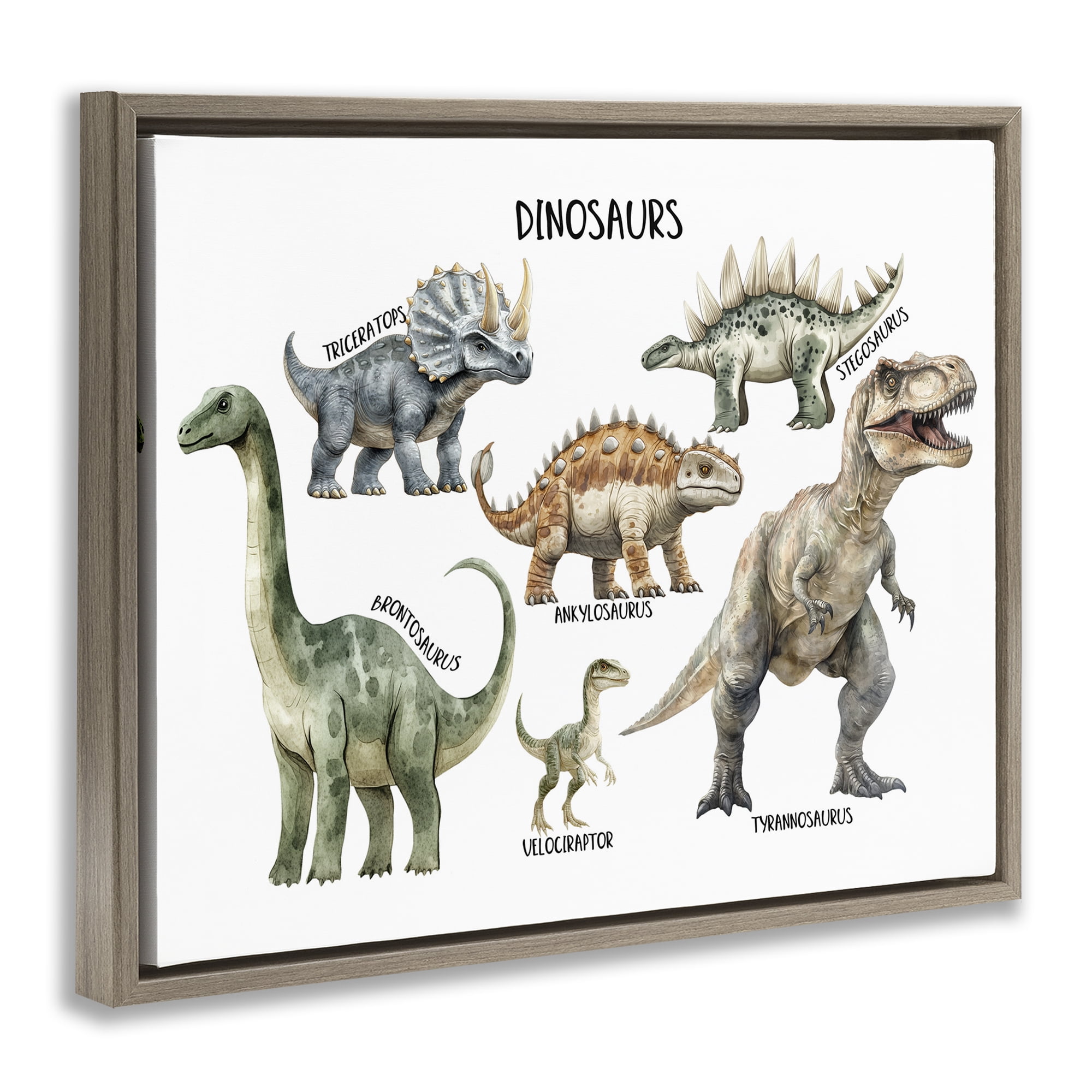 Stupell Industries Meet The Dinosaurs Brown Framed Floater Canvas Wall Art, design by Christine Simpson Art