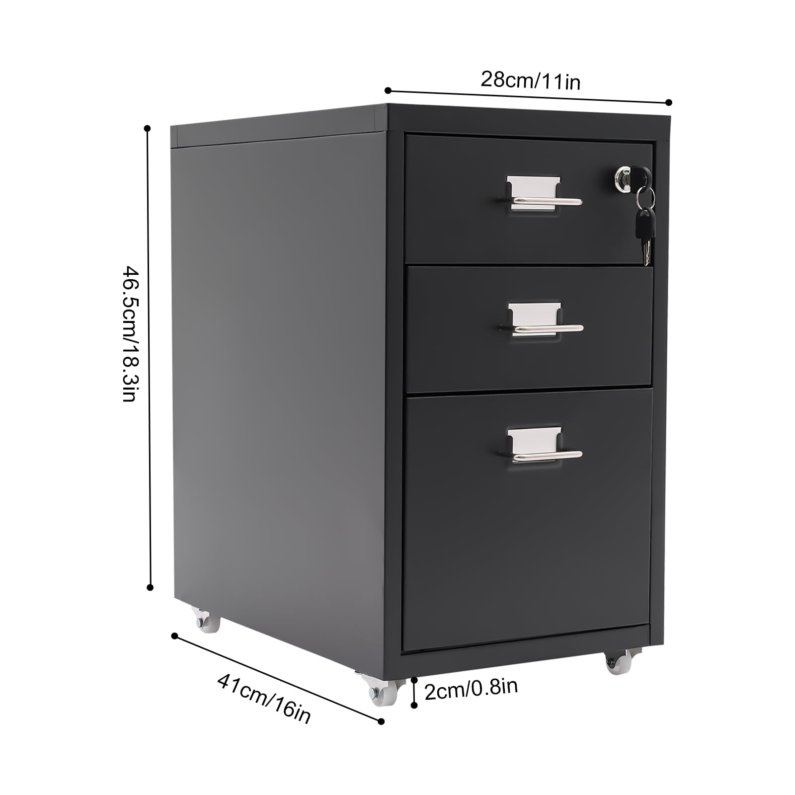 1* Vertical File Cabinet+ 2* Keys+ 4* Wheels, Black 3 Tiers Vertical File Cabinet, Metal Mobile File Cabinet with Lock, Filing Cabinet Under Desk