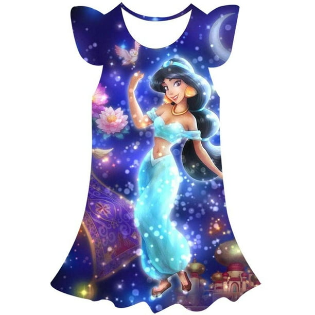 Año 2023 nueva ropa de niños de Disney, falda bonita informal de verano, falda de cuello redondo de princesa jazmín, vestido de manga de pétalo con estampado 3D 6T Gao Jinjia LED