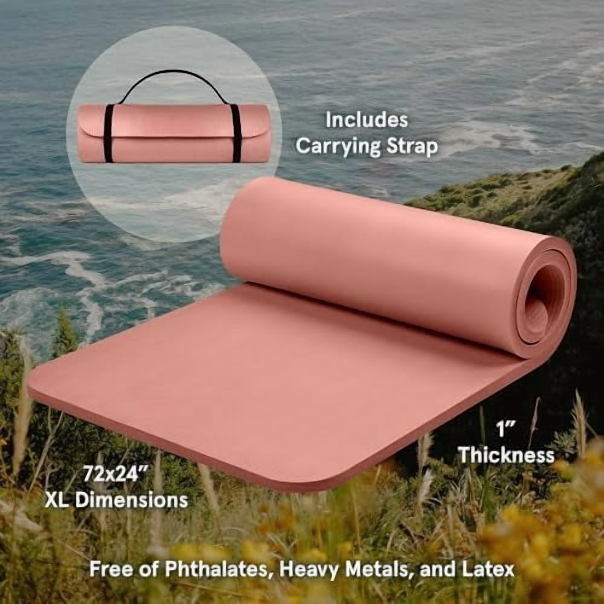 Solana Yoga Mat 1" Thick w/Nylon Strap for Men & Women - Non Slip Exercise Mat for Home Yoga, Pilates, Stretching, Floor & Fitness Workouts Rose,1 inch
