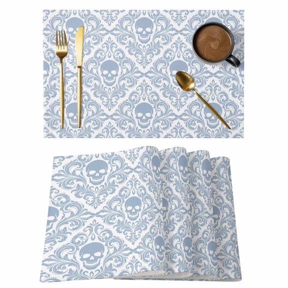 Skeleton Placemats Set of 6 Light Blue Horror Skull Abstract Patterned Place Mats Indoor Wipeable Table Mats Washable Cloth Dining Table Placemats for Kitchen Holiday Party Home Decor 13x19 Inch