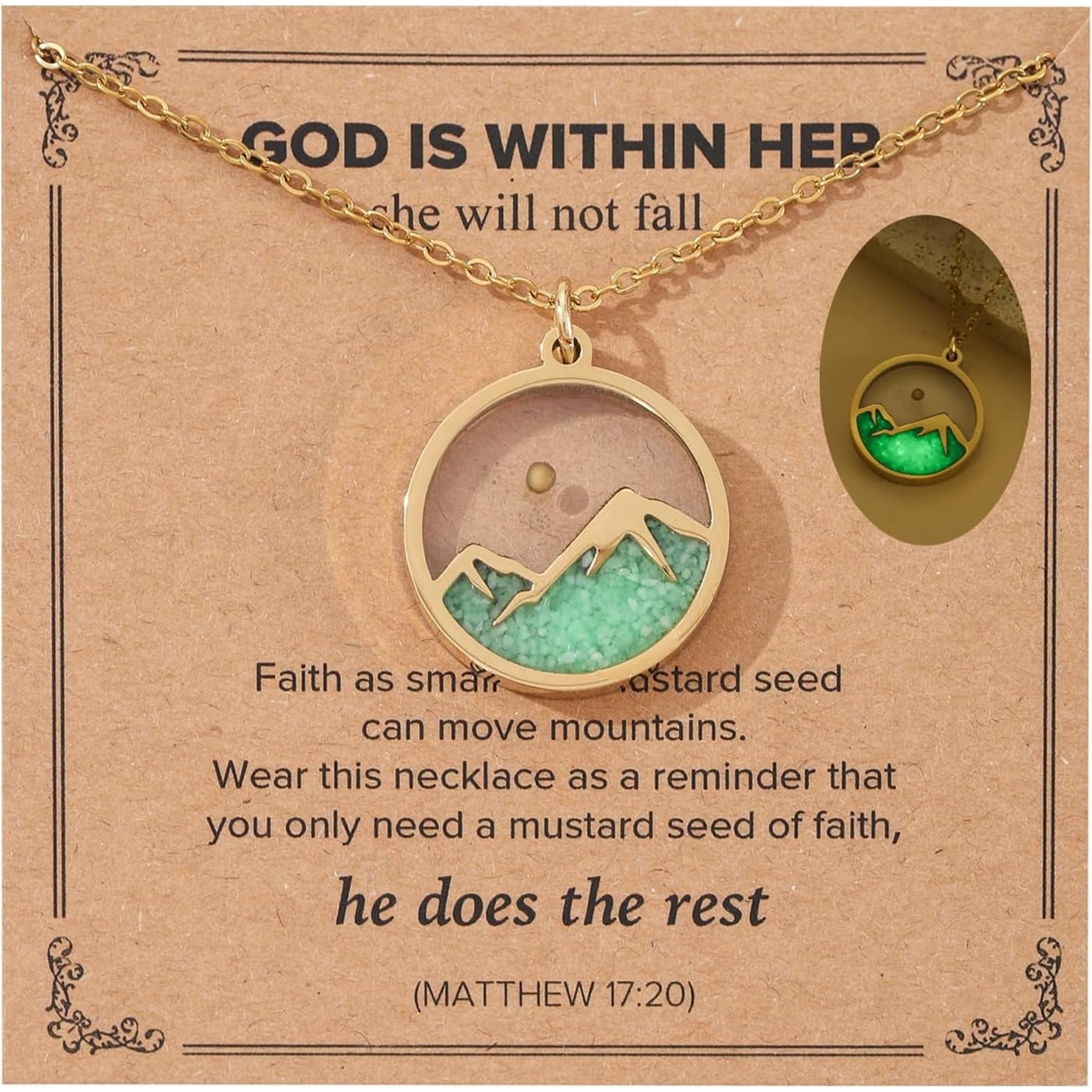Glow in the Dark Mustard Seed Faith Necklace, Move Mountains Religious Jewelry for Christian Women Men, Daily Encouragement Gift for Birthday Baptism Graduation