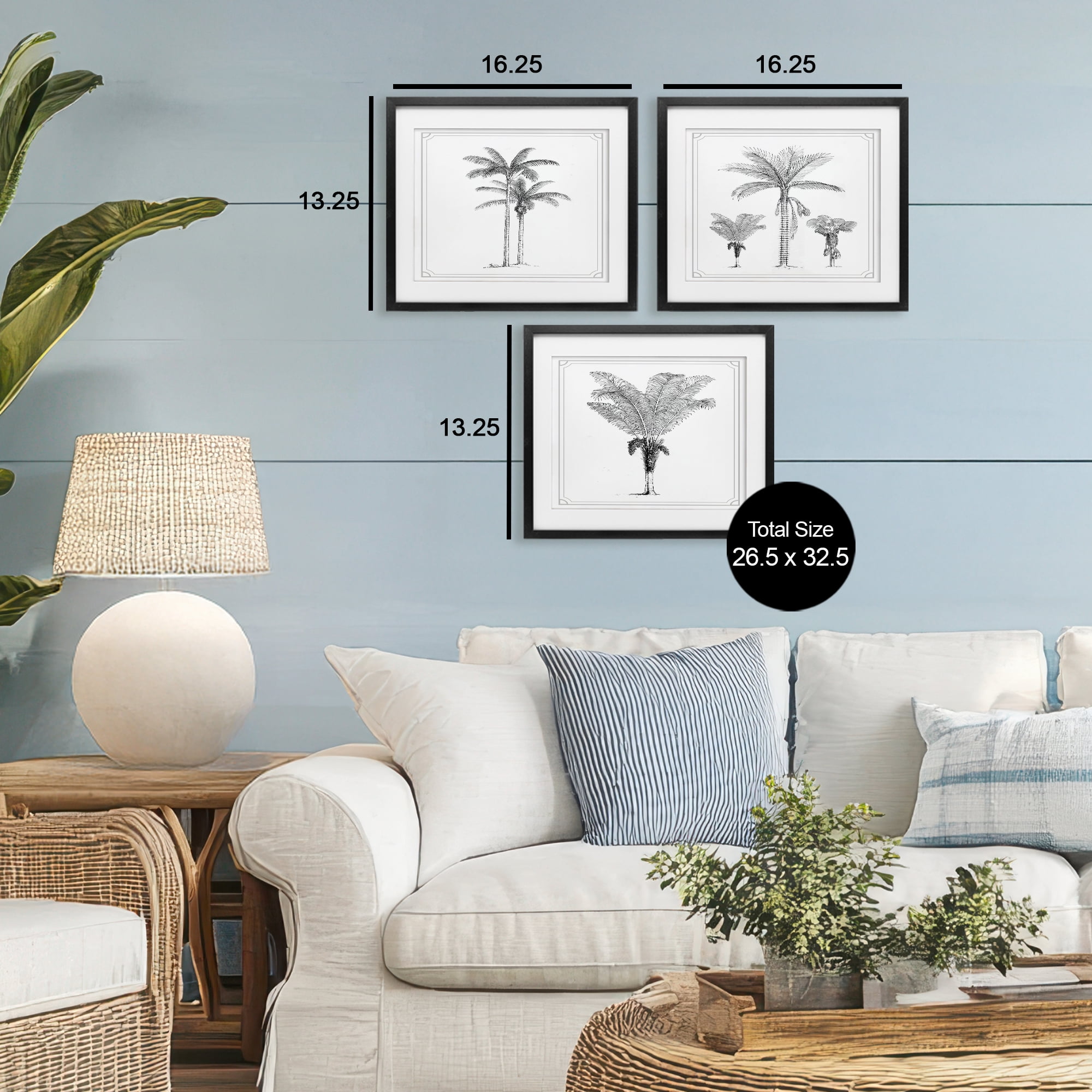 Minimal Vintage Palm Tree Sketches 3 Piece Black Framed Print Under Glass Set, design by Lettered and Lined