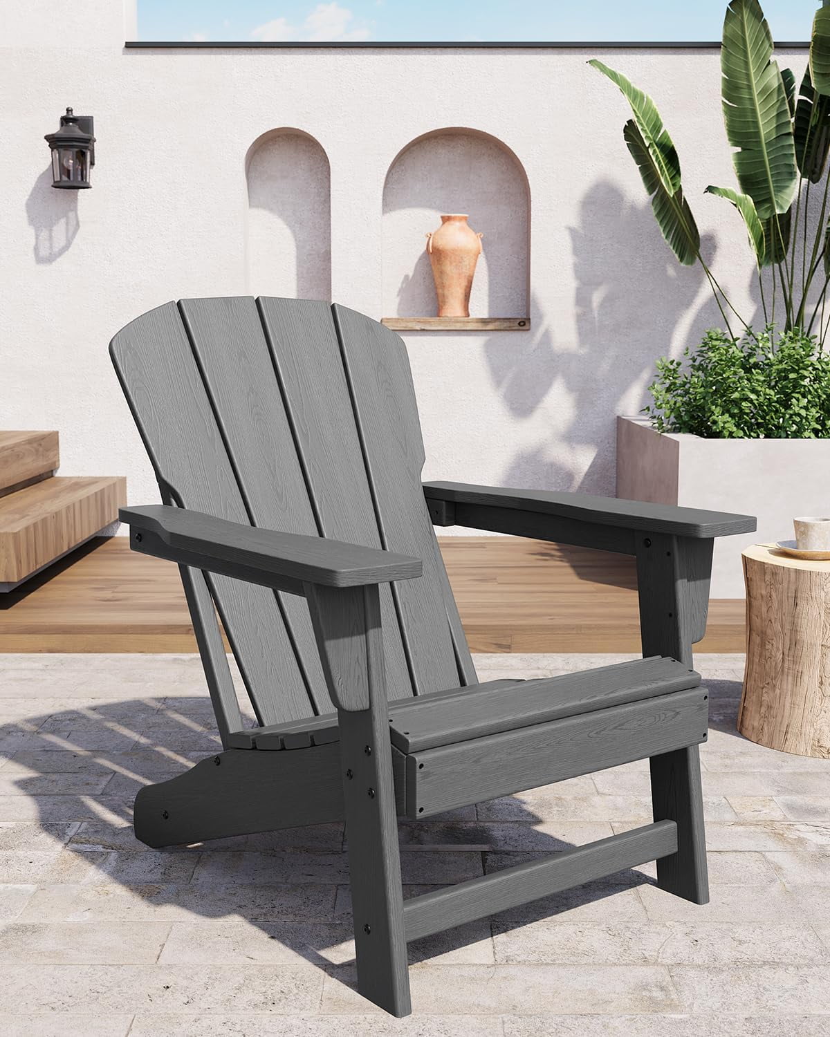 Outdoor Adirondack Chairs, HDPE Plastic Patio Chairs for All Weather, Weather-Resistant Fire Pit Chair with Wide Armrests & Slatted Back, for Patio, Deck, Lawn, Gray