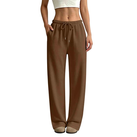 QWKLEAJ Women's Fleece Lined Wide Leg Sweatpants Drawstring Elastic Waist Loose Straight Jogger Pants Casual Athletic Trousers with Pockets Brown S