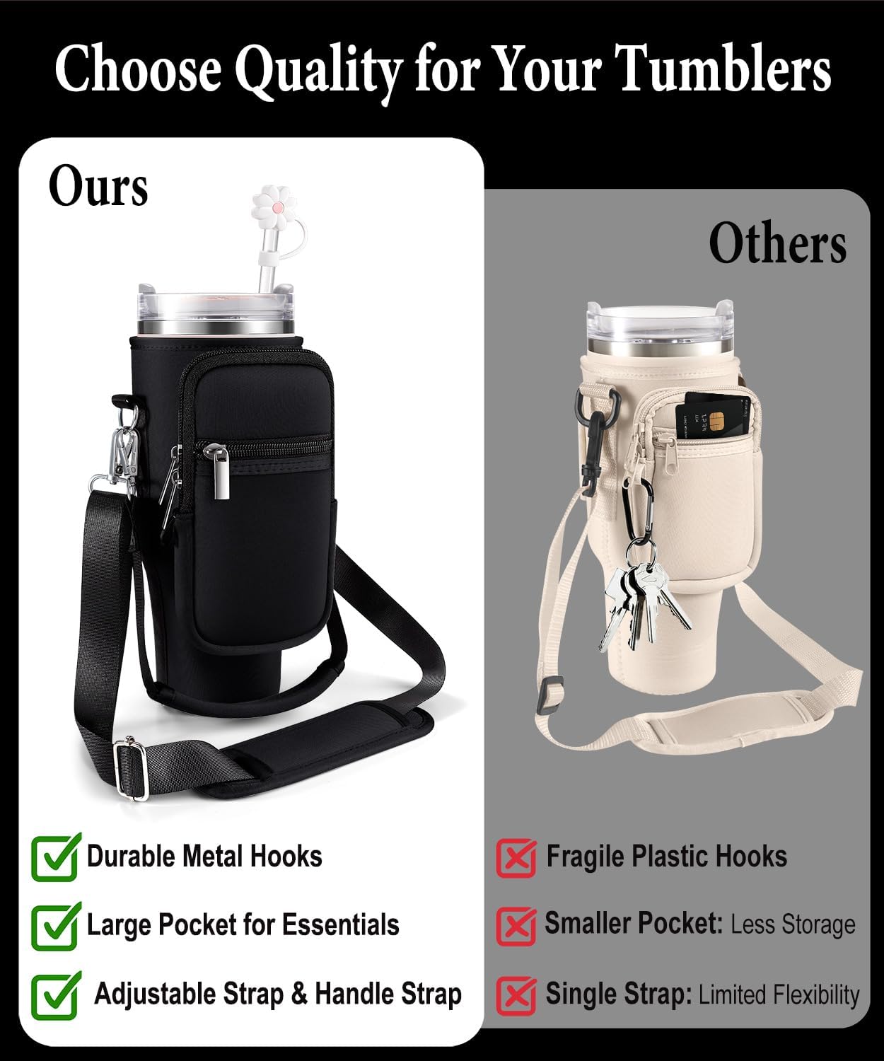 OUTXE Water Bottle Carrier Bag For Stanley Quencher 40 Oz - Adjustable Strap With Phone Pocket (Pink Blue)