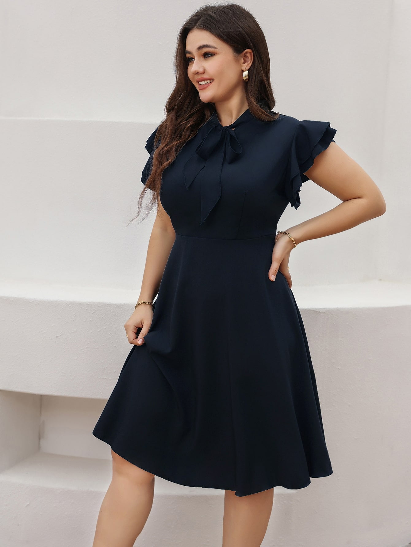 Elegant Women S Plus Size Tie Neck Ruffle Sleeve Dress 501n Navy Blue Walmart Com