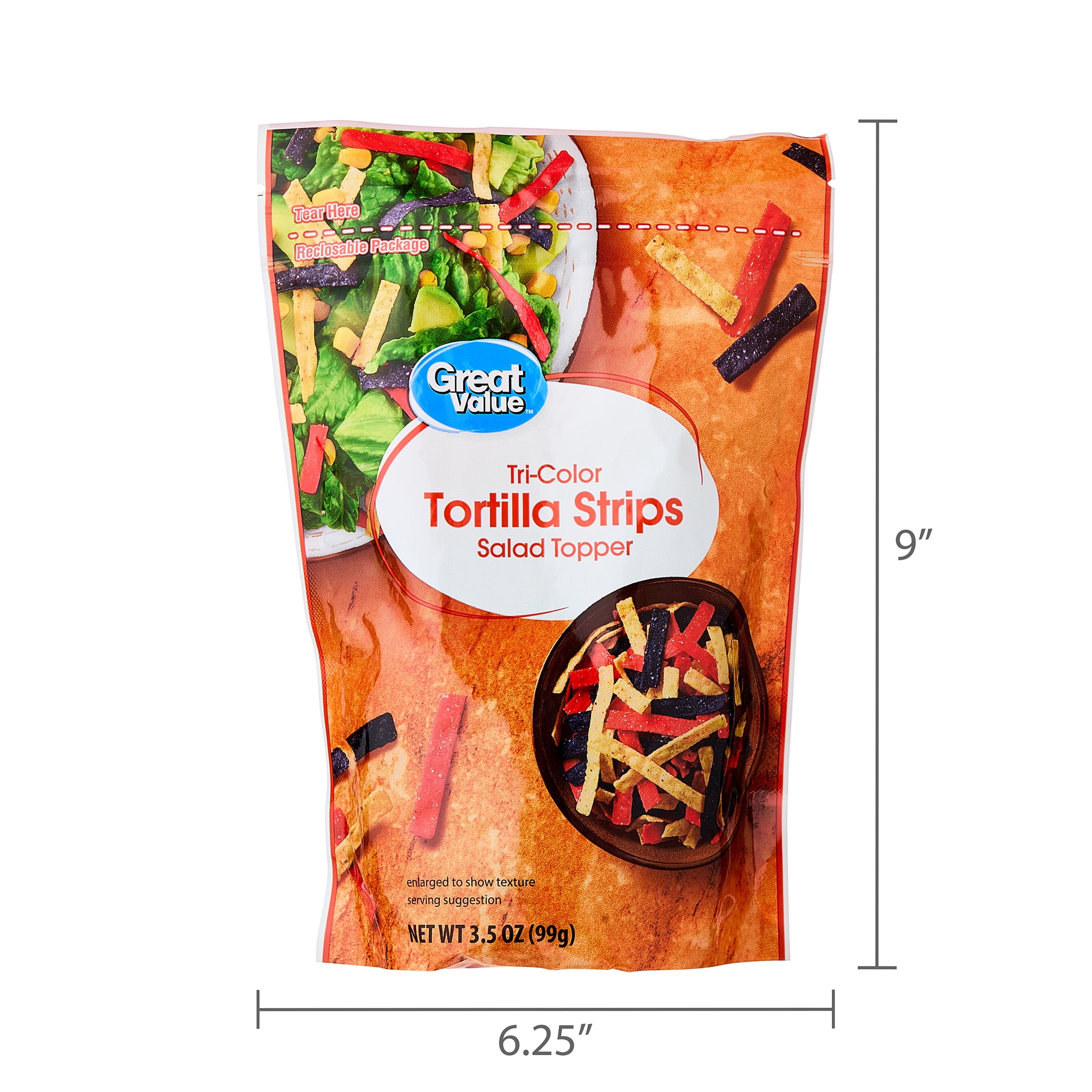 (6 pack) Great Value Tri-Color Tortilla Strips Salad Topping, 3.5 oz Bag