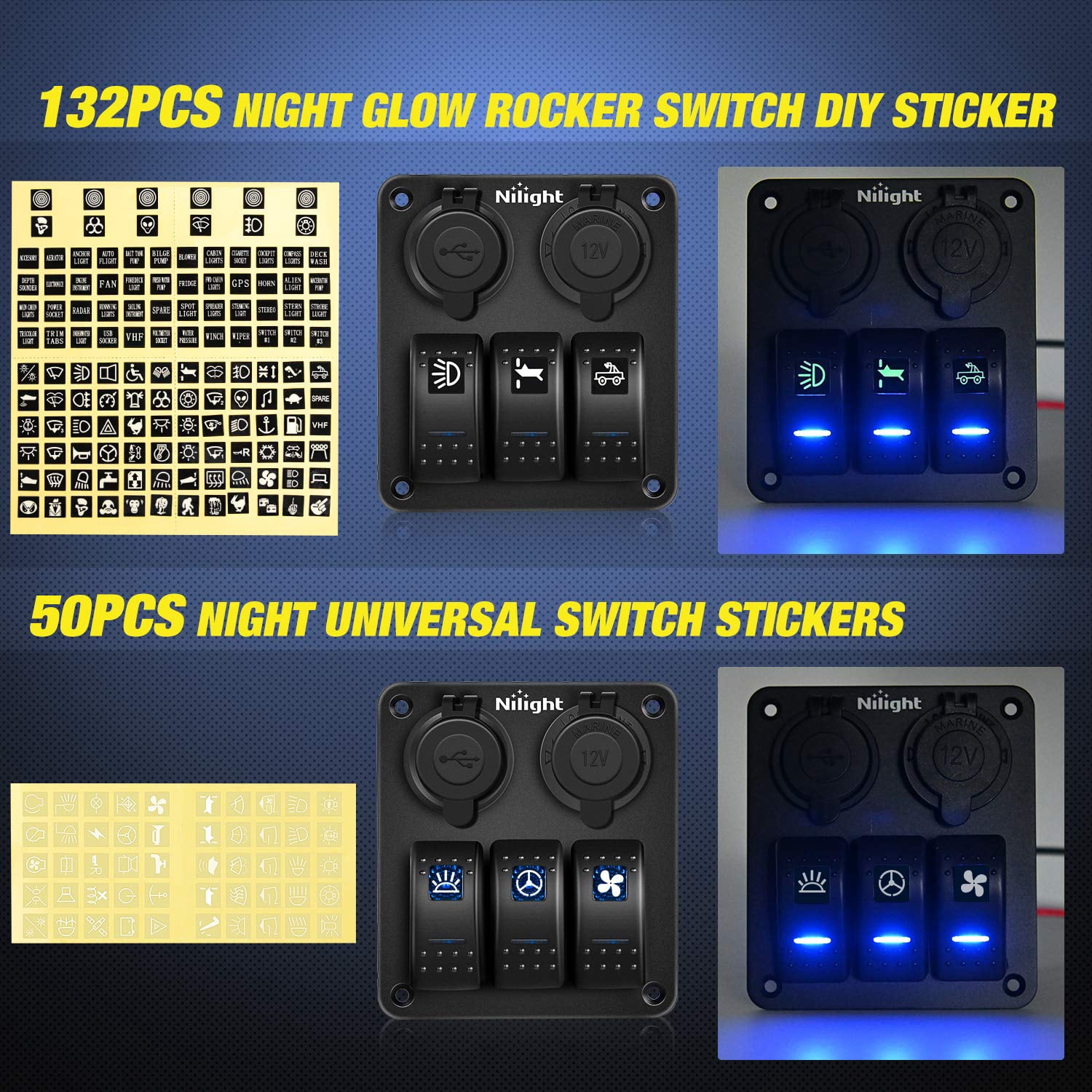 Nilight - 3 Gang Rocker Switch Panel Waterproof Pre-Wired Aluminum Switch Panel with Dual USB Charger Socket & Cigarette Lighter Socket 12V 24VDC ON Off Switch Panel for Cars Rvs Trucks