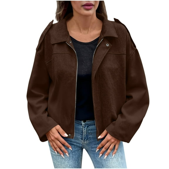 Hueook Barn Jackets for Women's Casual Sleeve Zipper Loose Suede Textured Coat Long Sleeve Hoodless Casual Coat/Jacket Coffee 2X