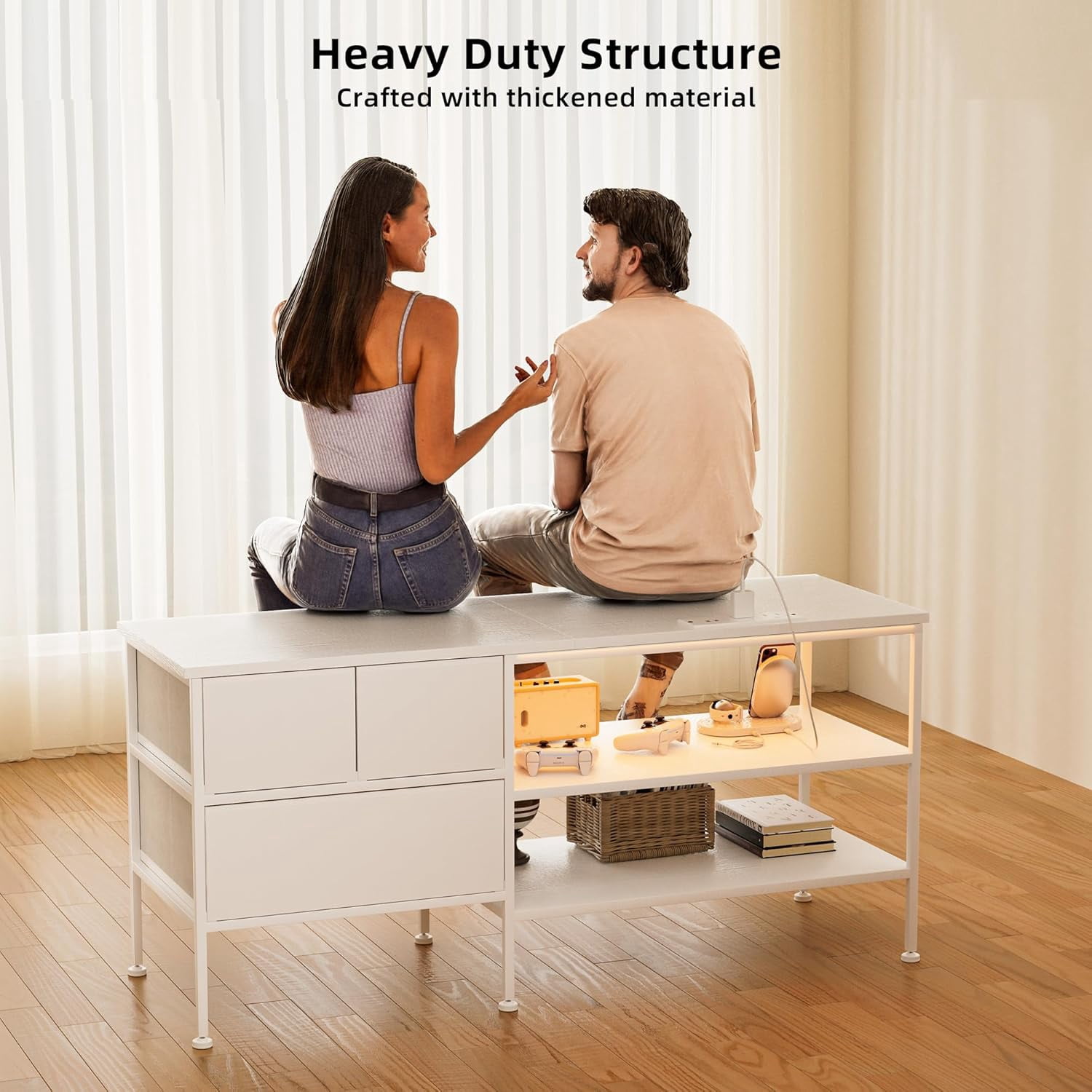 TV Stand with LED Lights & Power Outlet for 55 Inch TVs, Entertainment Center with 3 Storage Drawers and Shelves, TV Stands for Living Room and Bedroom, 50" TV Console, White