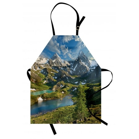 Mountain Apron Lake Between Snowy Altai Range of Mountains Siberia Meadow Natural Artwork Print, Unisex Kitchen Bib Apron with Adjustable Neck for Cooking Baking Gardening, Multicolor, by