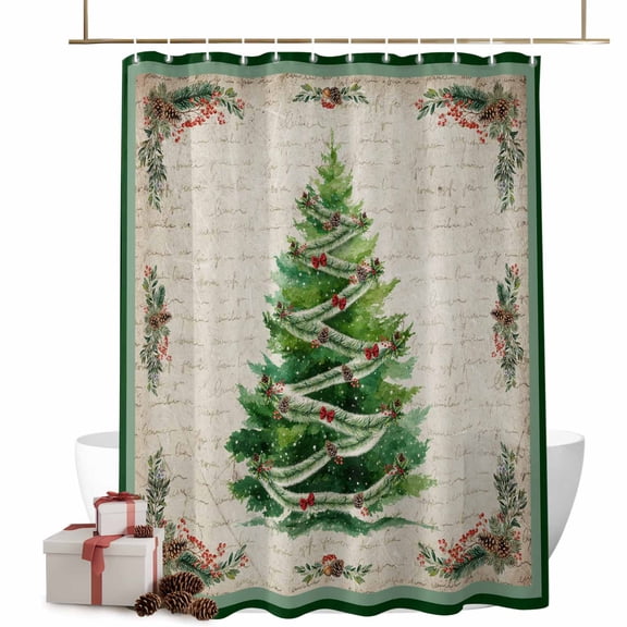 Christmas Trees Bathroom Shower Curtain Vintage Green Tree Red Bow Retro Letter Waterproof Washable Shower Curtains for Bathtub Bath Decor with Grommets and Hook 72 X 72 Inch