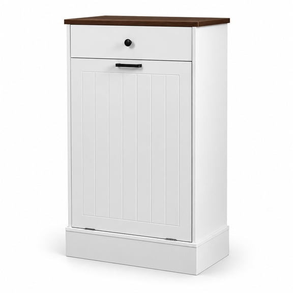 Tilt Out Trash Can Cabinet, Hidden Wooden Trash Can Cabinet with Drawer, Free Standing Garbage Cabinet for Kitchen, 10 Gallon Farmhouse Laundry Hamper Cabinet for Kitchen, Living Room (White)