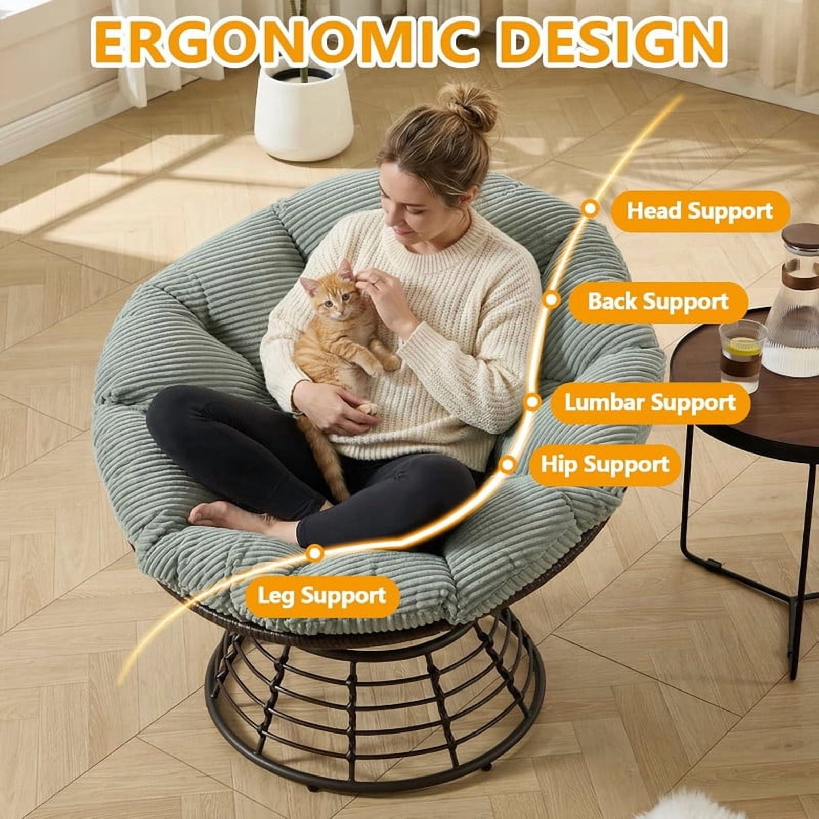 Ergonomic Wicker Papasan Chair, 360° Swivel Chair with Soft Thick Cushion for Living Room, Bedroom, Reading Room