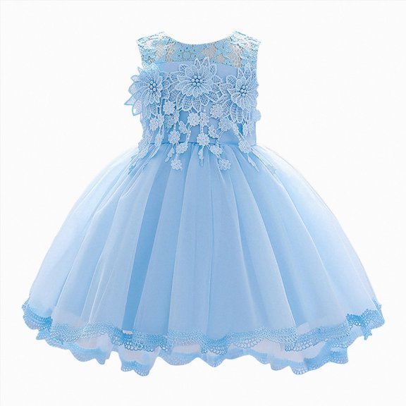Splozh First Birthday Dress Baby Girl Lace Flower Girl Dress Floral Sleeveless Tulle Princess Wedding Pageant Party Dresses,Sky Blue,3-6 Months