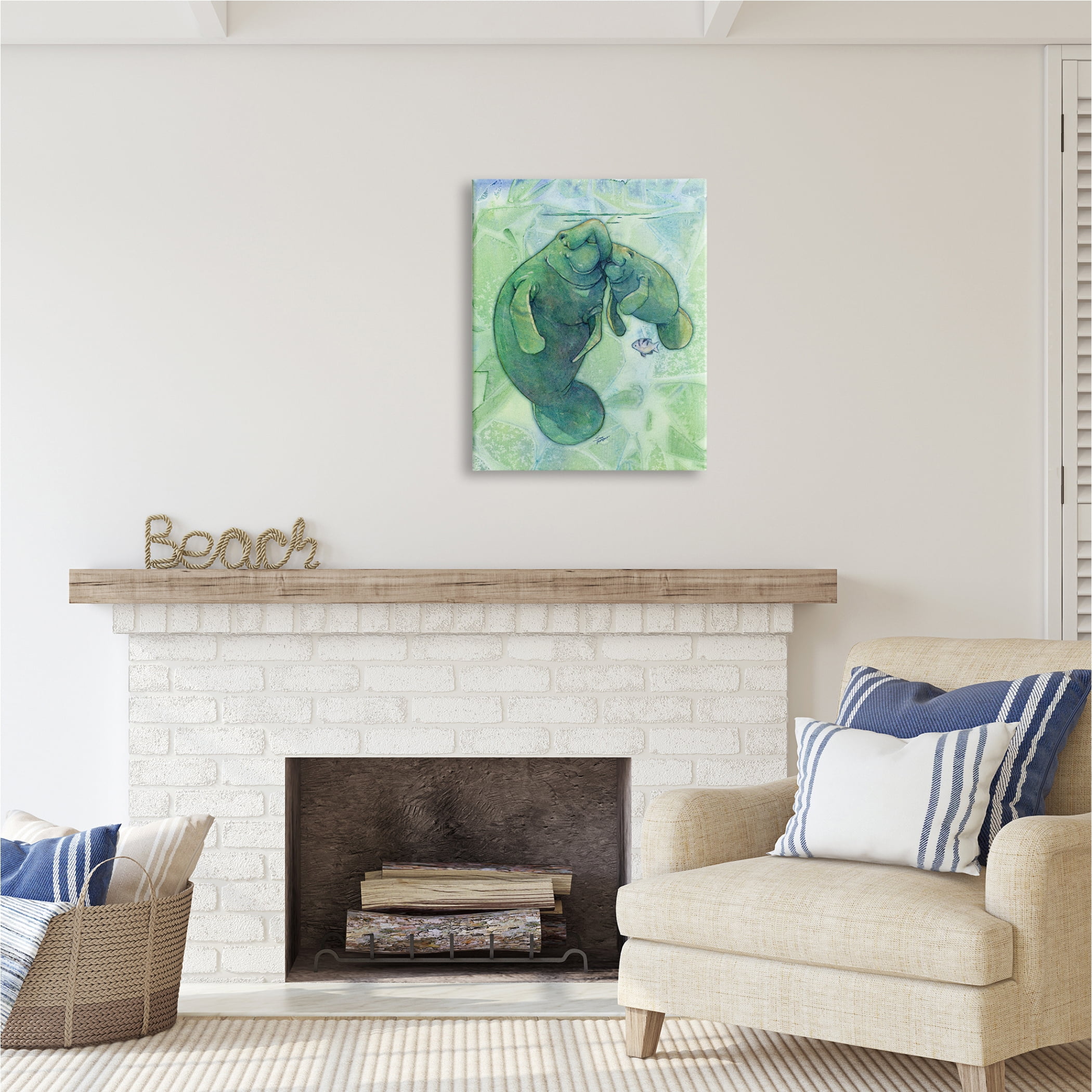 Stupell Industries Green Manatees & Fish Animals & Insects Painting Gallery Wrapped Canvas Print Wall Art, 24 x 30