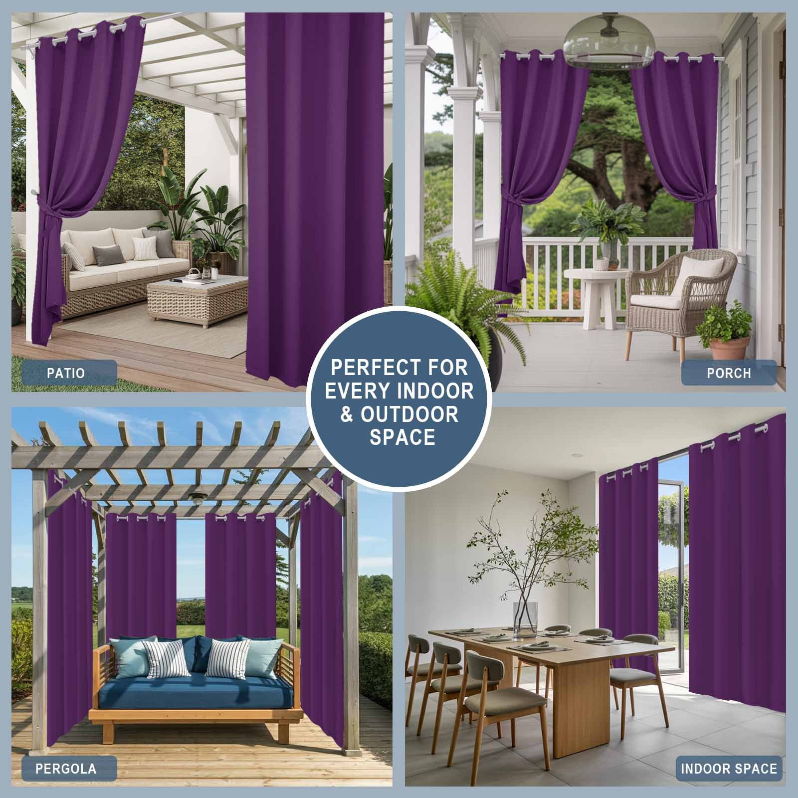 Solid Color Outdoor Curtains for Patio Waterproof, Purple Grommet Curtains for Porch Outside Privacy Drape for Gazebo Garden Pergola, 2 Panels, 54x108in