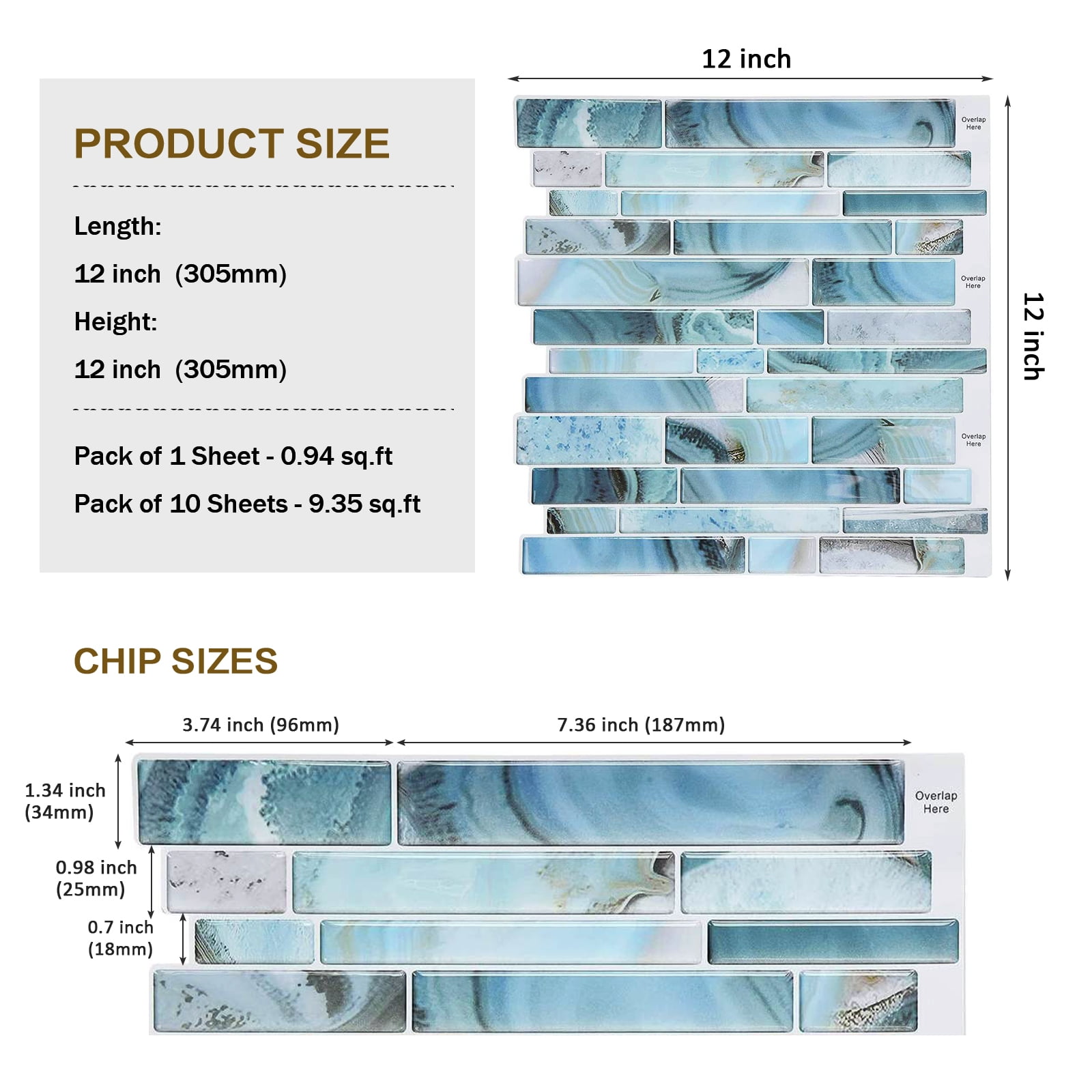 10-Pack Subway Tile Peel and Stick Backsplash, 12"x12" Self Adhesive Self-Adhesive Wall Tiles for Kitchen Bathroom (Aqua Blue)