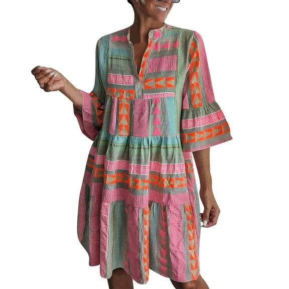 Ruimatai Women Summer V-Neck Short Sleeve Mini Dress Casual Flowy Polyester Party Dress Comfortable Lightweight Beach Wedding Dress