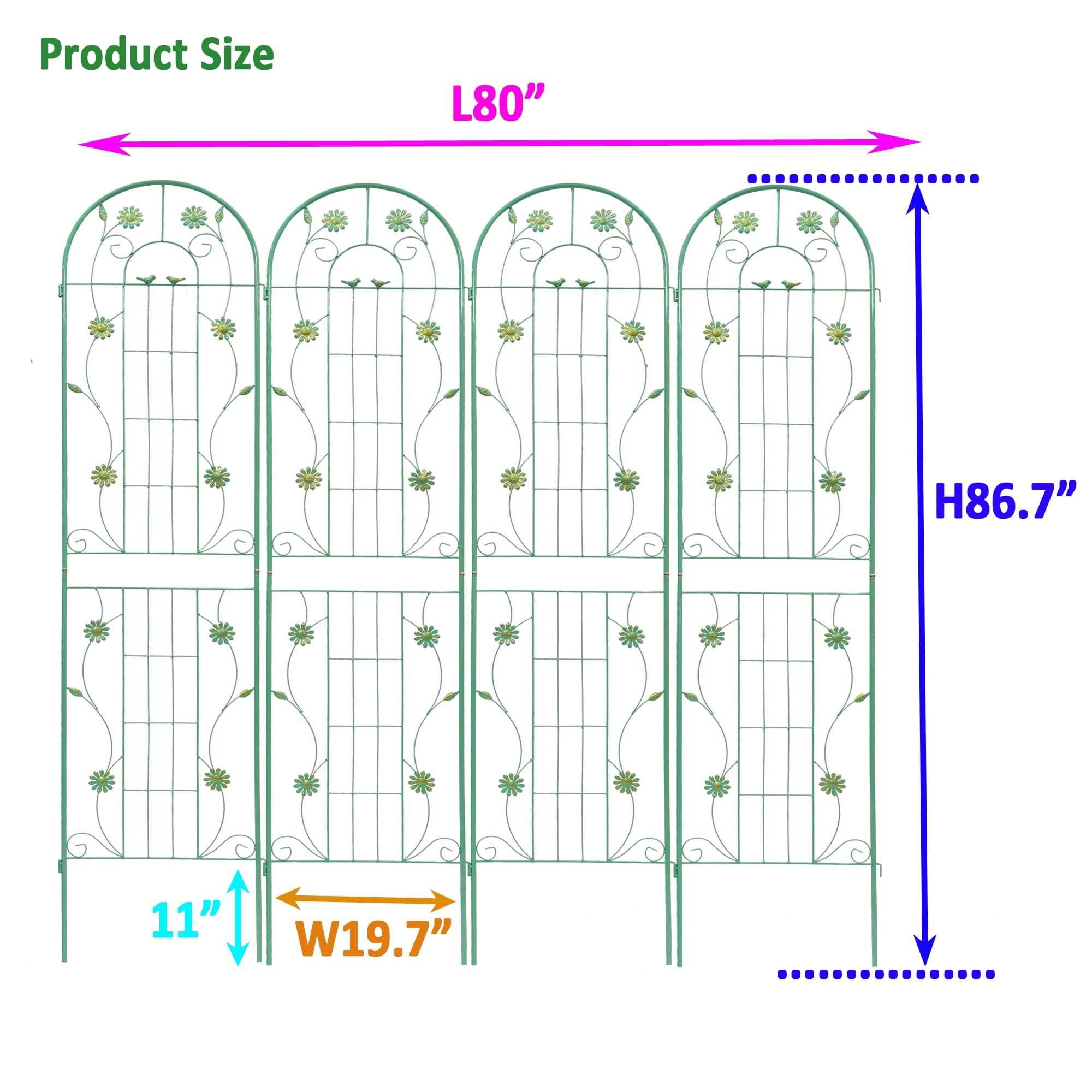 Olurrisa Metal Garden Vine Trellis Iron Trellis 4-Pack - Powder-Coated Climbing Plant Frame for Jasmine, Cucumbers, Patio & Backyard Decoration