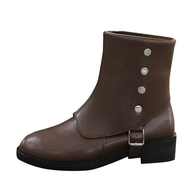 Bottes pour Femmes Marron Bout Rond Style Détail Métallique Talon Épais Chaussures de Marche Confortables Matériau Durable