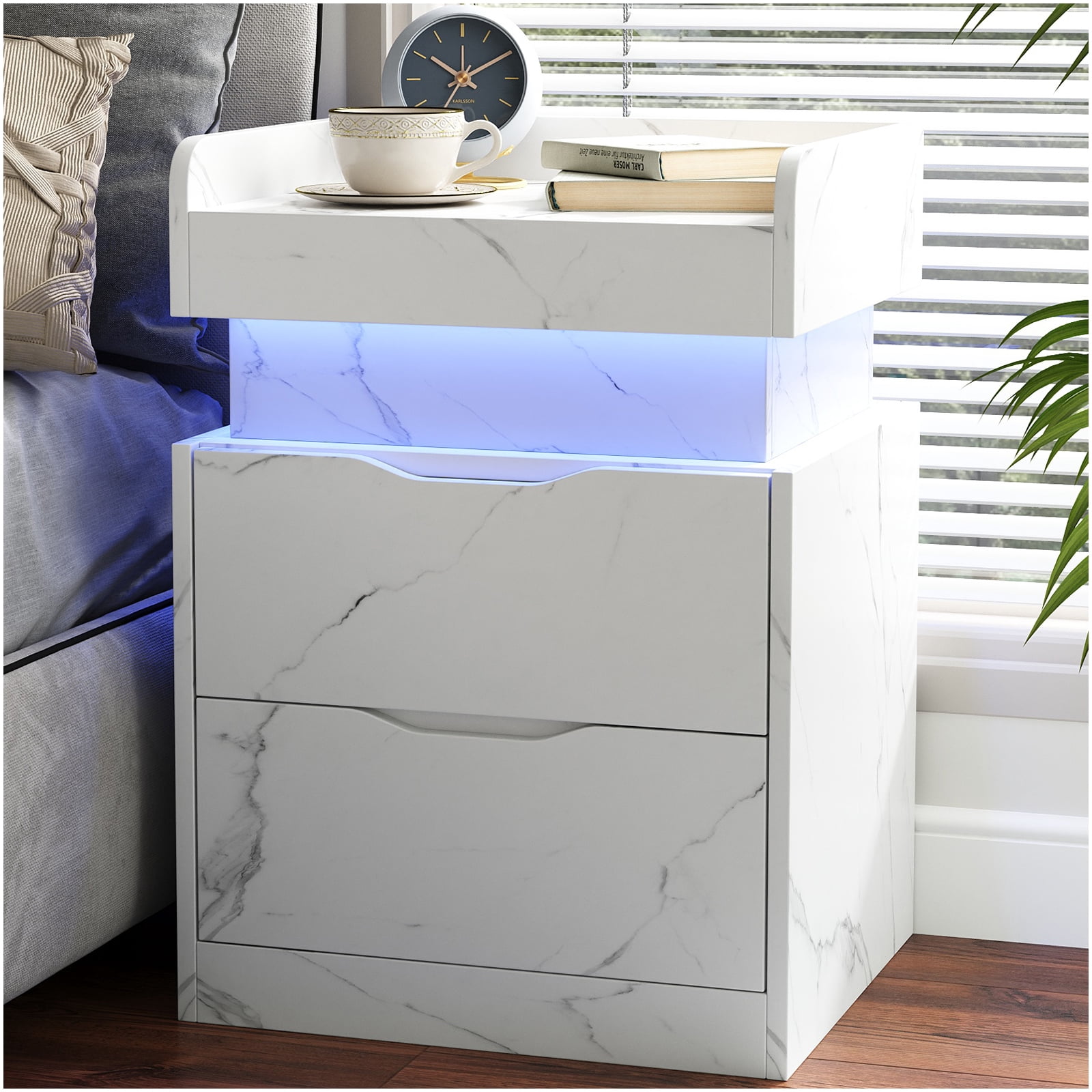 Nightstand with Charging Station, White Bedside Table LED Modern Nightstand with 3 Hidden Drawer for Bedroom Living Room,White Marbled