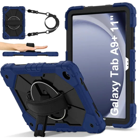 Case for Samsung Galaxy Tab A9 Plus / A9 5G 11 Inch 2023 Model SM-X210/X216/X218 with Rotating Stand Pencil Holder Hand/Shoulder Strap, Heavy Duty Shockproof Protective Cover