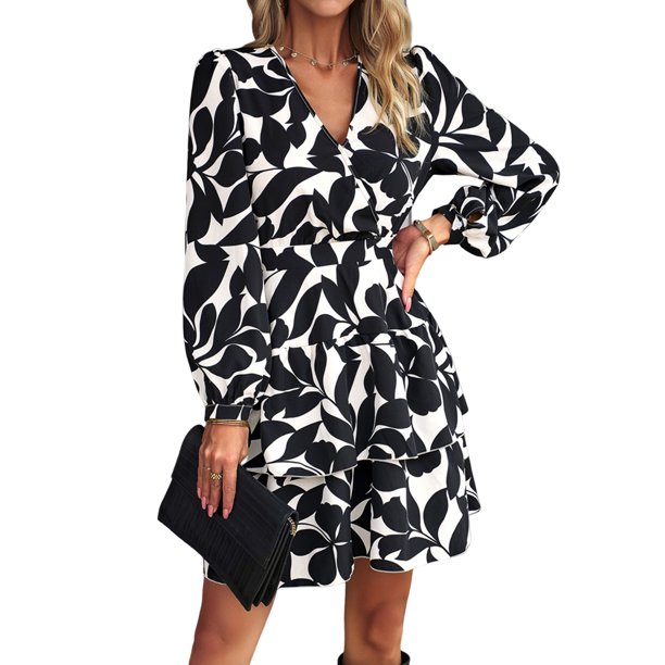 Vestido Vestido elegante estampado con volantes para mujer, vestido corto plisado, traje diario de estilo informal Ygjytge Negro T XL para Mujer