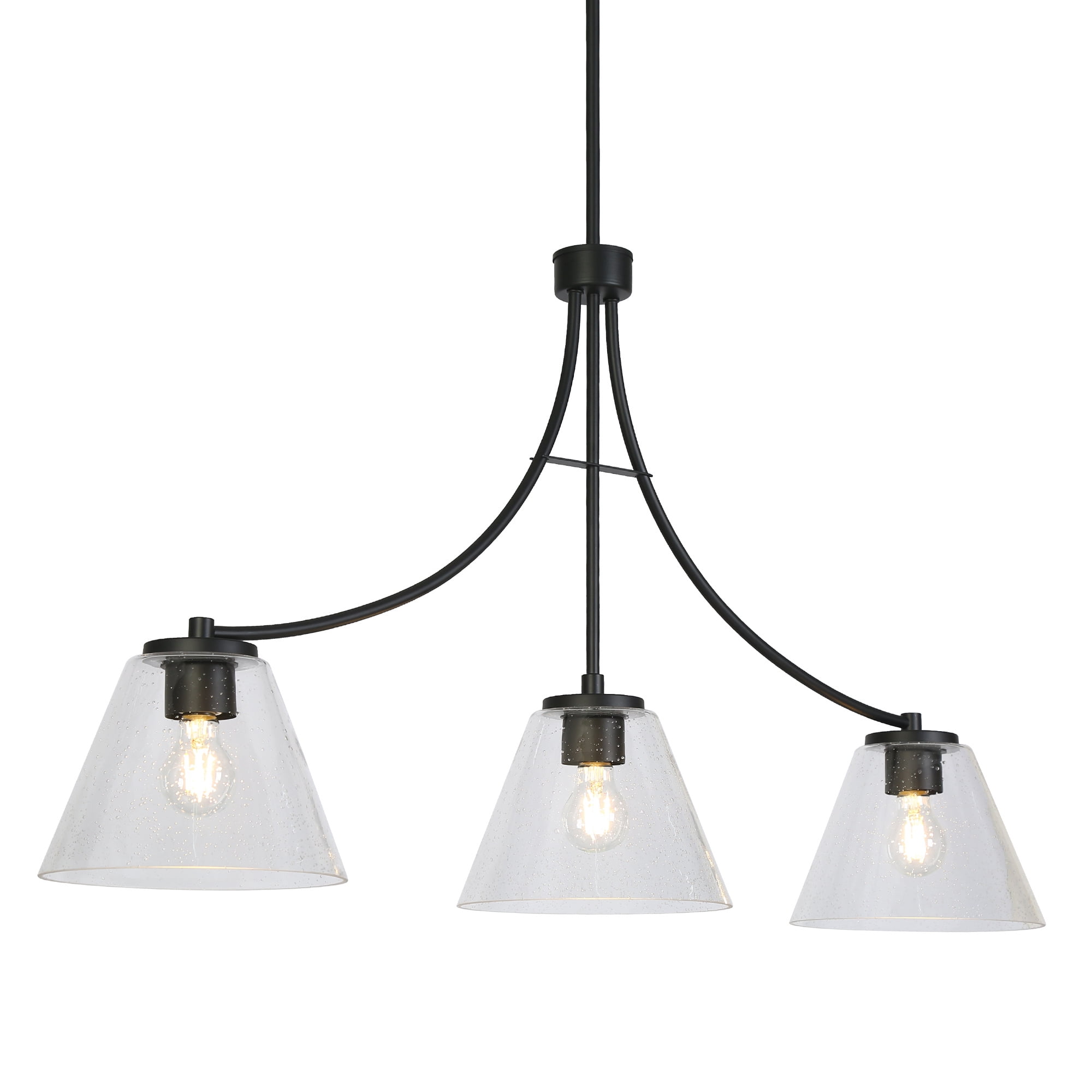 LNC Pulpmille 3 -Light 42''L Matte Black and Seeded Glass Farmhouse Seeded glass Linear Large Hanging Kitchen Island Light