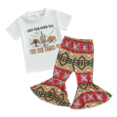 

ZRBYWB Toddler Girls Clothes Short Sleeve Letter Printed T Shirt Pullover Tops Bell Bottoms Pants Kids Outfits