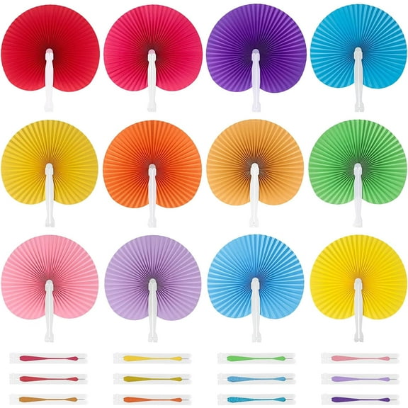 Decorative Round Hand Fan Foldable, 12 Packs Colourful Folding Fans Handheld Chinese and Japanese Style Crafts for Wedding, Dancing, Party Favors DIY Decoration