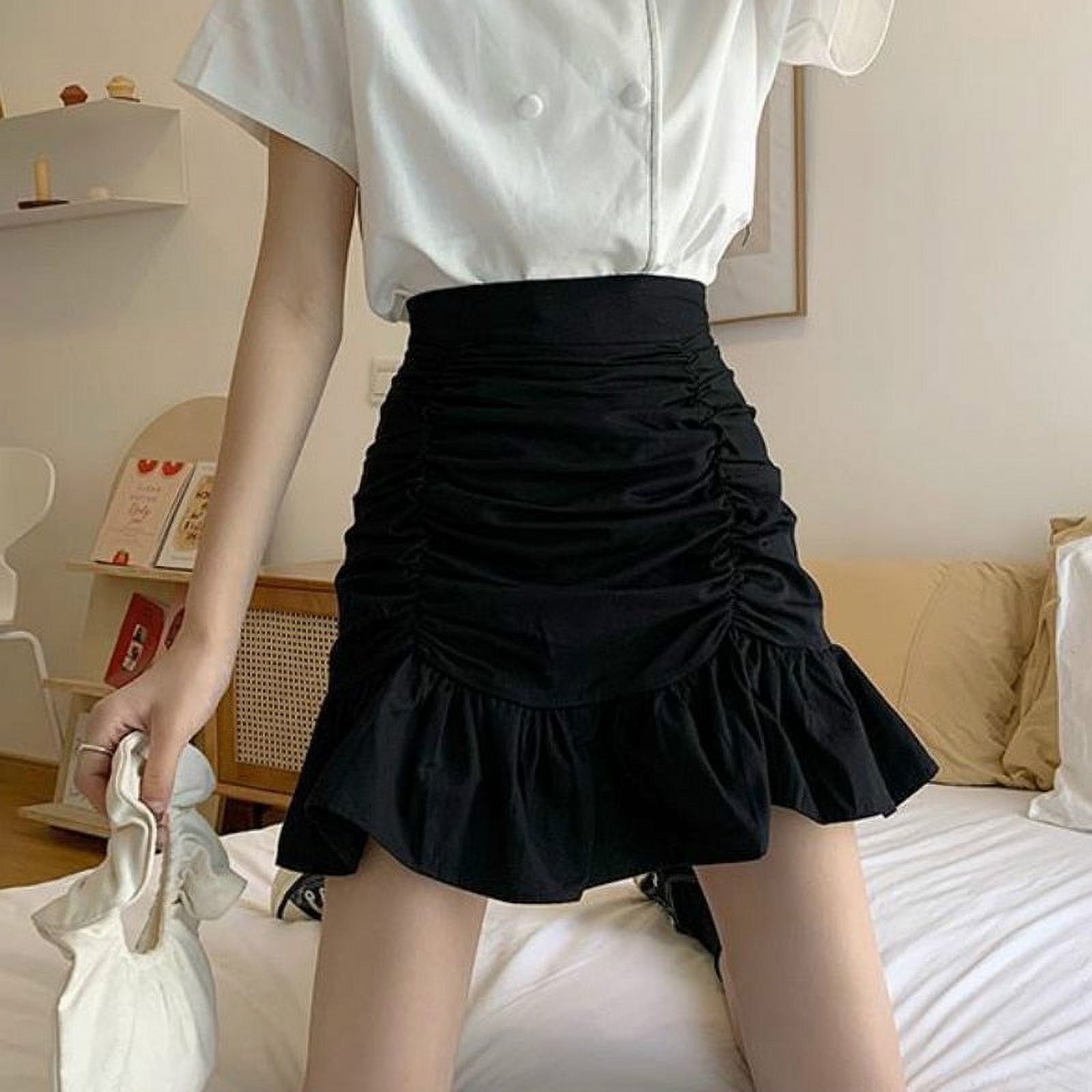 Skirts Women Solid A line Summer Mini Hem Ruffles New Ulzzang Chic Ruched All match High Waist Hot Selling Lovely Girls Elegant black L