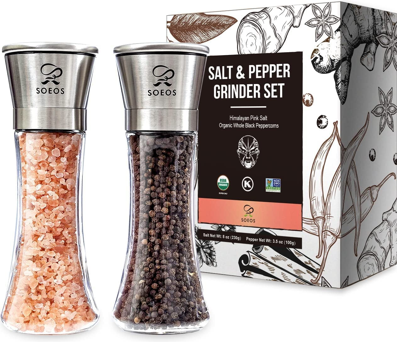 Soeos Salt and Pepper Grinder Set, Whole Black Peppercorns 100g