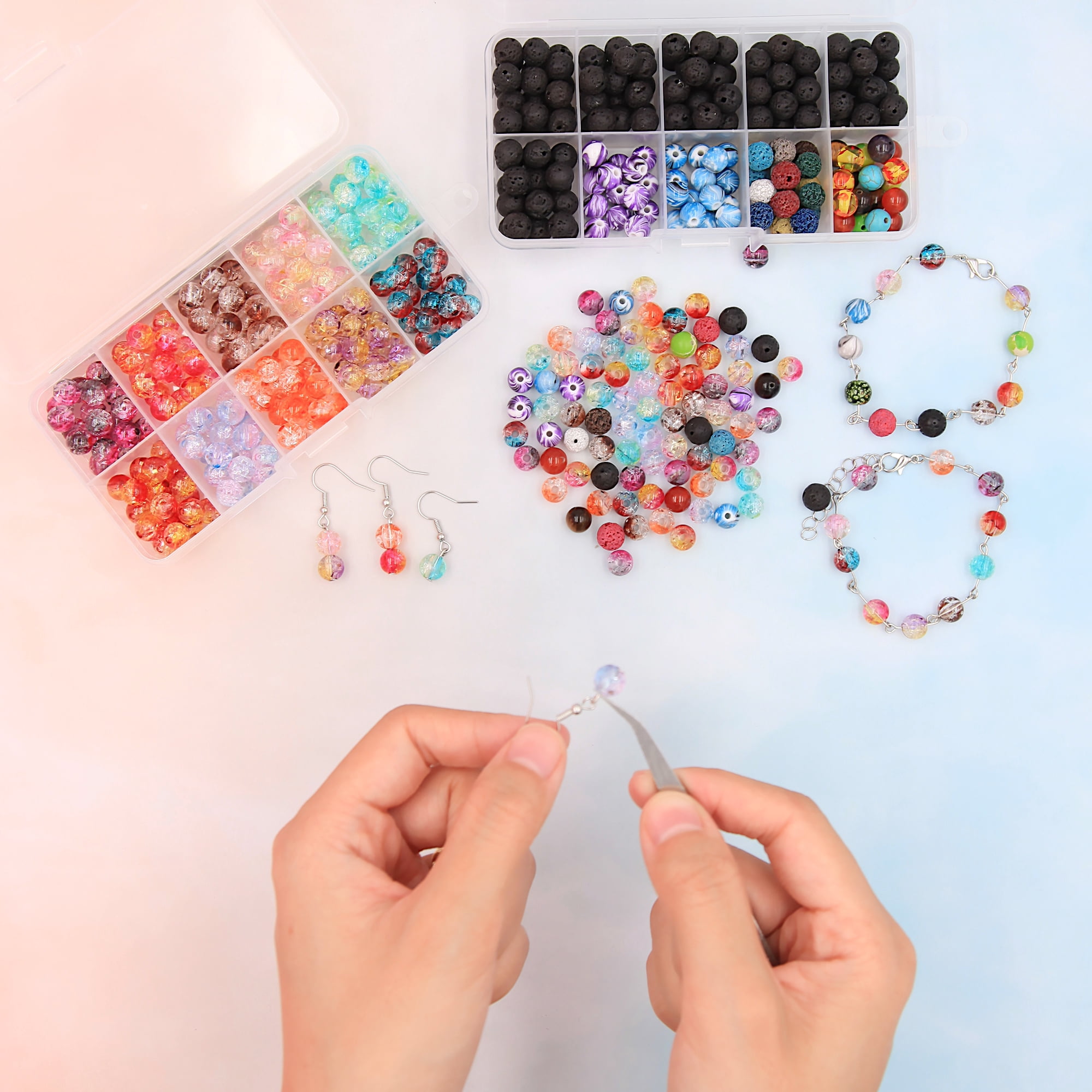 EuTengHao 878Pcs Lava Beads Chakra Beads Glass Crackle Beads Kit with Spacer Beads Jump Ring Jewelry Findings for Diffuser Essential Oils Yoga Bracelets Earrings Necklace DIY Jewelry Making Supplies