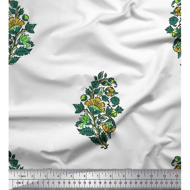 Soimoi Polyester Crepe Fabric Leaves & Floral Block Printed Fabric 1 Yard 42 Inch Wide