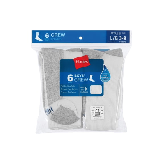 Hanes Boys' Crew Socks, 6 Pack