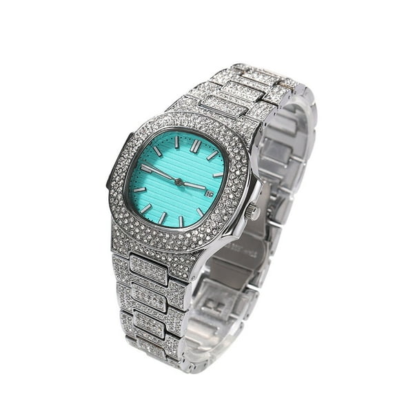 Unisex White Gold Finish Ocean Blue Dial Simulated Diamond Bling Stainless Steel Iced Out Hip Hop Round Waterproof Luxury Quartz Watch 38mm