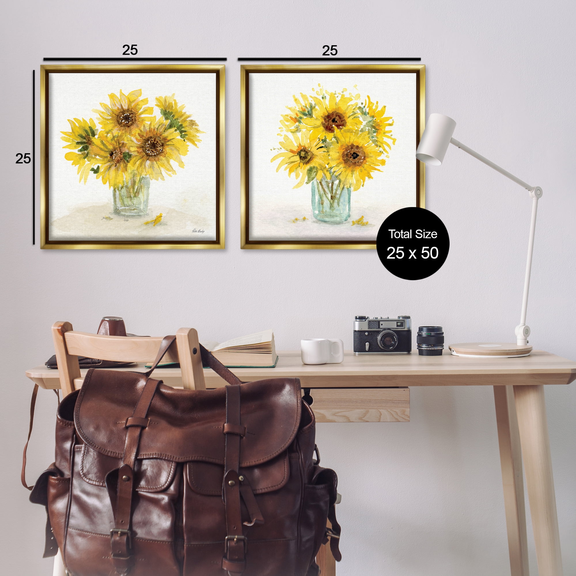 Stupell Industries Sunflower Bouquet Jar Plants & Flowers Painting Gold Floater Framed Canvas Art Print Wall Art, 25 x 25, Set of 2