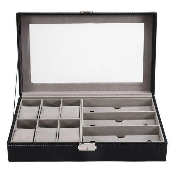 NEW 2 in 1 Eyeglass Sunglass Storage Box PU Leather 6 Slot Glasses and 3 Watches Dustproof Organizer